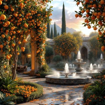 The primary subject of the image is a fountain surrounded by orange trees and a garden setting. The fountain is located in the middle of the scene, and the orange trees are scattered around it, creating a vibrant and lively atmosphere. The visual style of the image is a combination of photo and digital art, giving it a unique and artistic appearance. The colors and mood of the image are predominantly orange and lively, reflecting the warmth and energy of the garden setting.